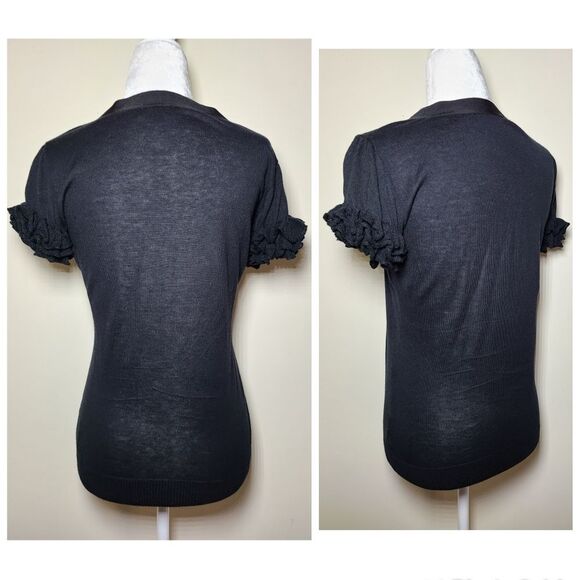 Ted Baker London|Black Silk Wool Black Ruffle Short Sleeve Top, 2 - Picture 2 of 4